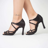 Black Rhinestone Latin Dance Shoes Customized High Heels Soft Bottom Salsa Party Dancing Bootie For Women