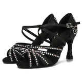 Satin Rhinestone Women Dance Shoes Black Blue Latin Ballroom Salsa Tango Custom Dancing Shoes Heels