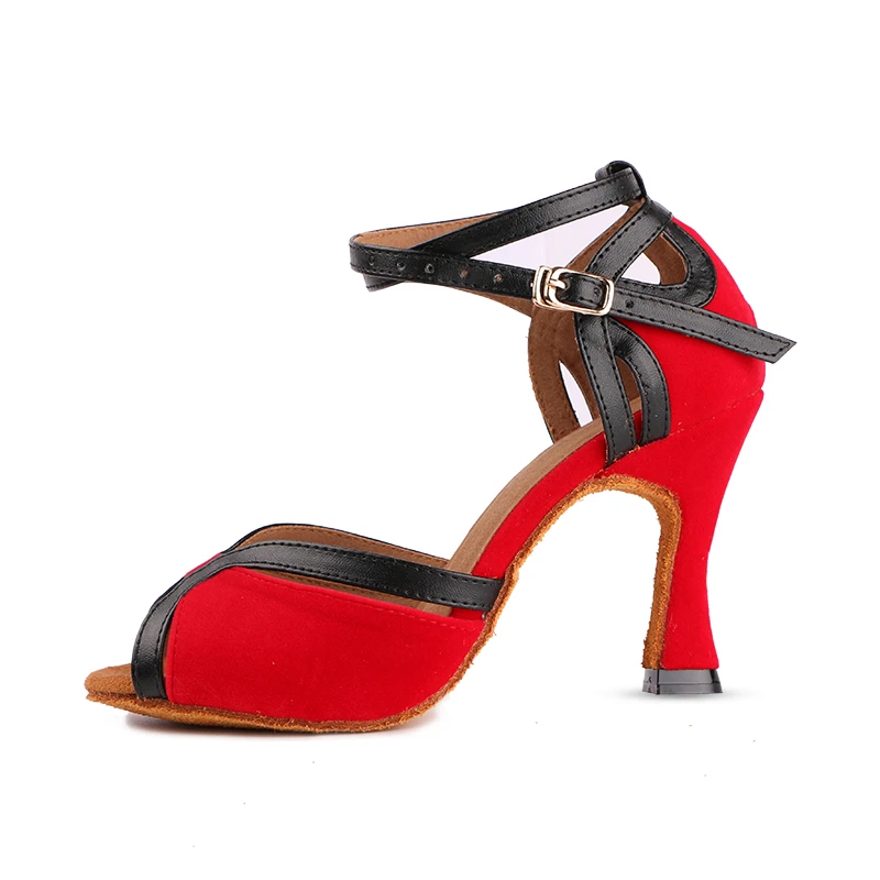 Red Women's Latin Dance Shoes Customized Heel Flock Ballroom Tango Salsa Dancing Shoes