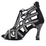 Satin Black Rhinestones Dance Boots Fashion Latin Salsa Women High Heel Ballroom Dance Shoes