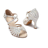 Indoor Dance Shoes Tango Latin Salsa Rumba Samba Ballroom Party Rhinestone Pearl High Heels Women Sandals