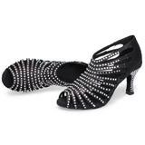 Women's Ballroom Dance Boots Rhinestone Black Satin Latin Tango Salsa Swing Bachata Dancing Shoes Heeled