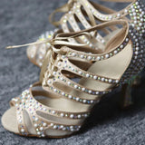 Women Party Dance Shoes Satin Shining Rhinestones Soft Suede Bottom Salsa Dance Shoes Heels White Black