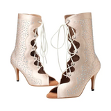 Women's Satin Booties Customized Heel Latin Salsa Rhinestone Ballroom Dance Shoes