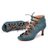 Latin Dance Shoes Women Denim Blue Dance Boots Salsa Performance Ballroom Shoes