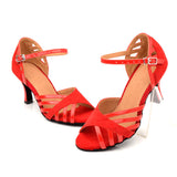 Latin Dance Shoes Women Suede PU Black Red Salsa Party Ballroom Dance Shoes Cuban Heel 9cm
