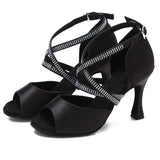<transcy>Tango Salsa Latin Swing Dance Shoes Mujeres Salón de baile Sandalias de fiesta de boda Tacones de satén negro</transcy>