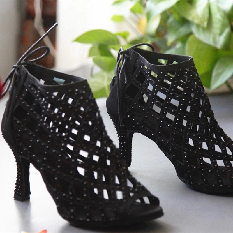 Party Dance Shoes Tango Ballroom Latin Dance Shoes Black Suede Rhinestones Heel Dancing Sandals Boots Shoes For Women