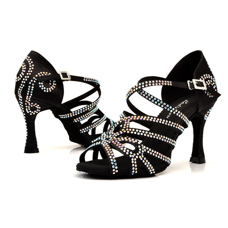Latin Dance Shoes Rhinestone Shining Pink Black Satin Women Ballroom Salsa Dancing Shoes Cuban Heel 9cm