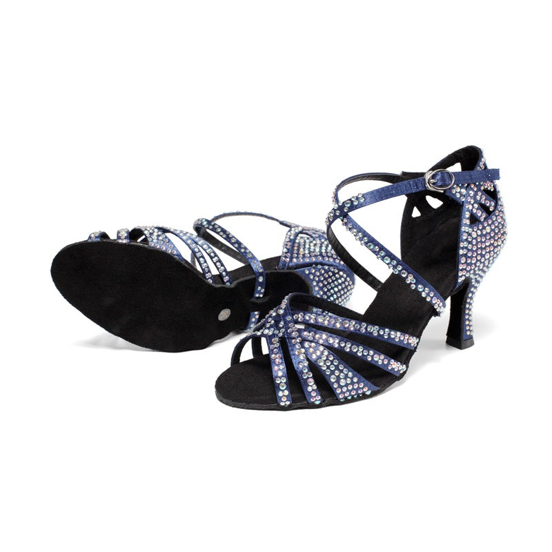 Professional Women Latin Dance Shoes Satin Rhinestone Ballroom Salsa Dance Shoes Black Blue Pink