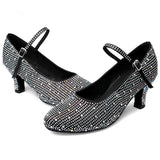 Women's Modern Dance Black Satin Rhinestone Party Wedding Closed-toe Practice Dancing Shoes Latin Dancer Heel