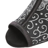 <transcy>Mujer Salón Social Salón de baile Latino Salsa Botas de baile Malla Fiesta Zapatos de baile con Sandalias de tacón en la espalda de satén negro</transcy>