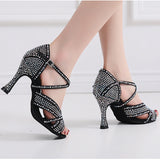 Rhinestone Latin Dance Shoes Red Black Ballroom Salsa Dancing Shoes for Wedding Party Girls Soft Bottom