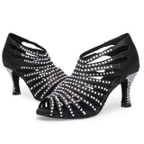 Women's Ballroom Dance Boots Rhinestone Black Satin Latin Tango Salsa Swing Bachata Dancing Shoes Heeled