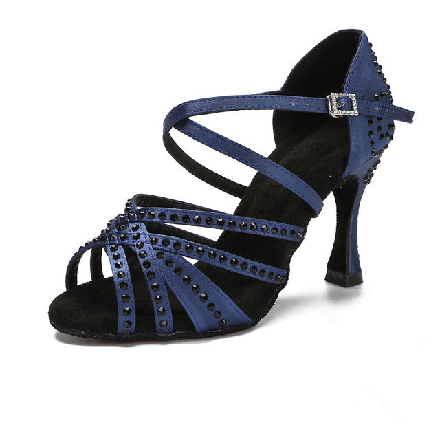 Satin Rhinestone Women Dance Shoes Black Blue Latin Ballroom Salsa Tango Custom Dancing Shoes Heels