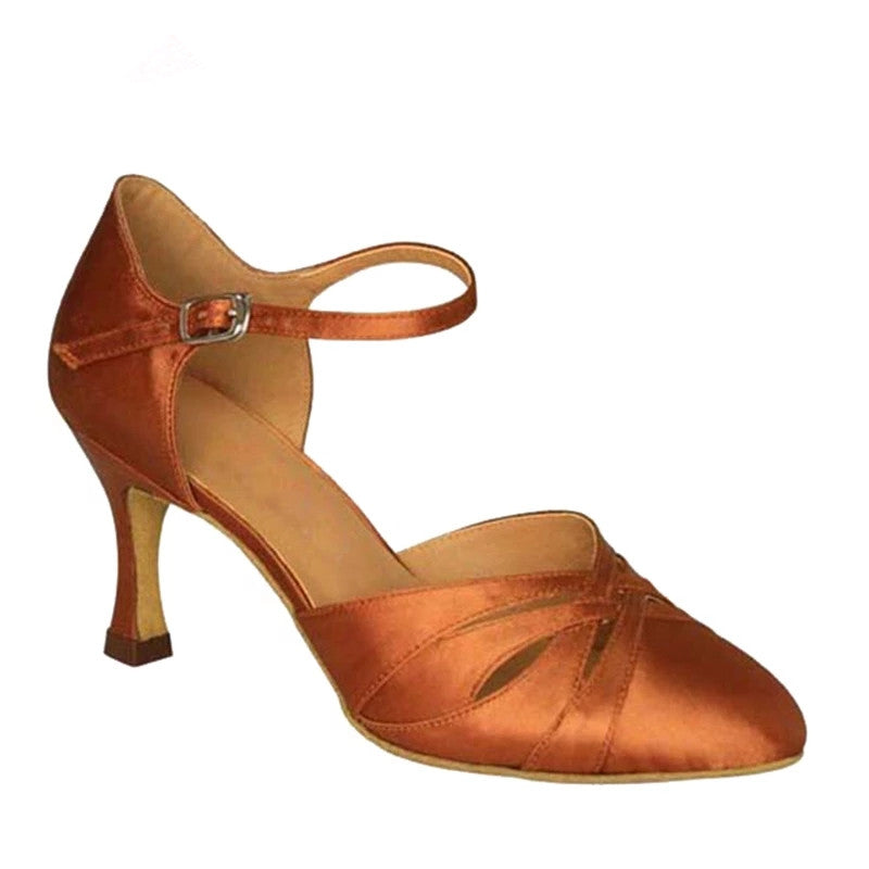 Brown Woman Close Toe Modern Ballroom Latin Dance Shoes 7cm Custom Heel
