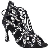 Satin Black Rhinestones Dance Boots Fashion Latin Salsa Women High Heel Ballroom Dance Shoes