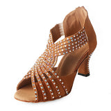 Rhinestone Satin Women Dance Shoes Bronze Black Latin Ballroom Tango Salsa Dancing Shoes