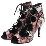 <transcy>Botas de baile de salón PU Salsa latina Tango Zapatos profesionales de bailarina con punta abierta Sandalias de baile con cordones</transcy>