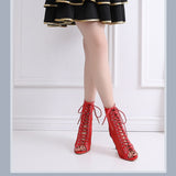 <transcy>Salsa Jazz Ballroom Square Plus Size Latin Boots Zapatos de baile para mujeres Dancing Girl Elegante Tacón alto Air Mesh</transcy>