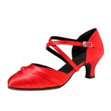 Red Modern Latin Dance Shoes Satin Customized Heel Ballroom Dancing Shoes