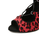 Women Ballroom Dance Boots Lace Up Latin Salsa Tango Dancing Shoes Leopard