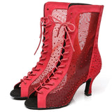 Latin Dance Shoes Women Mesh Rhinestone Ballroom Dance Boots Open Toe Party Shoes High Heels