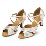 Satin Latin Ballroom Dance Shoes Rhinestone Soft Sole Heel Tango Salsa Dance Shoes For Women Girls