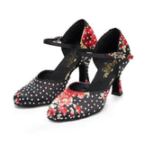 Satin Closed Toe Latin Ballroom Dance Shoes Rhinestone Modern Salsa Shoes Custom Heels