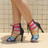 Customized High Heels Dance Boots Satin Mesh Women Ladies Rainbow Black Latin Ballroom Salsa Dancing Shoes