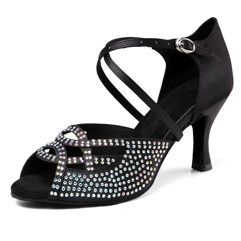 <transcy>Zapatos de baile latino para mujer, zapatos de baile de salsa de tacón alto con diamantes de imitación, zapatos de baile de salón de suela suave para mujer</transcy>
