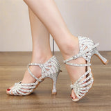 Indoor Dance Shoes Tango Latin Salsa Rumba Samba Ballroom Party Rhinestone Pearl High Heels Women Sandals