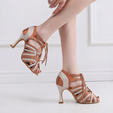 Girls Lace Up Latin Dance Shoes Women Rhinestone Bachata Salsa Dancing Shoes For Ladies Soft Bottom Ballroom Dance Sandals