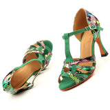 Ballroom Tango Latin Dance Shoes Salsa Women Red Green Girls Comfortable Sandals Colorful Geometric Pattern Shoes