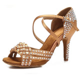 <transcy>Sandalias de salón de baile de diamantes de imitación, sandalias de baile de salsa latina, zapatos de fiesta y boda para mujer, suela de gamuza suave, talón personalizado de satén</transcy>