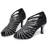 Women's Ballroom Dance Boots Rhinestone Black Satin Latin Tango Salsa Swing Bachata Dancing Shoes Heeled