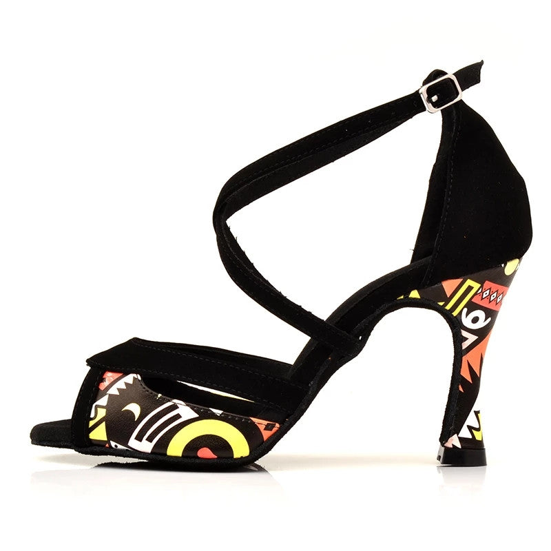 Latin Dance Shoes For Women Black African Print Salsa Ballroom Dance Sandals