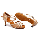 Brown Beige Latin Dance Shoes For Women Girls Satin Mesh Ballroom Salsa Dancing Shoes