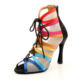 Customized High Heels Dance Boots Satin Mesh Women Ladies Rainbow Black Latin Ballroom Salsa Dancing Shoes