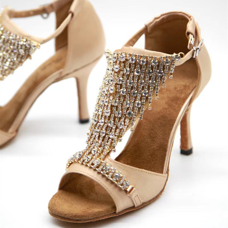 Salsa Latin Dance Shoes Women Sparkling Rhinestone Customized Heel Ballroom Dancing Shoes