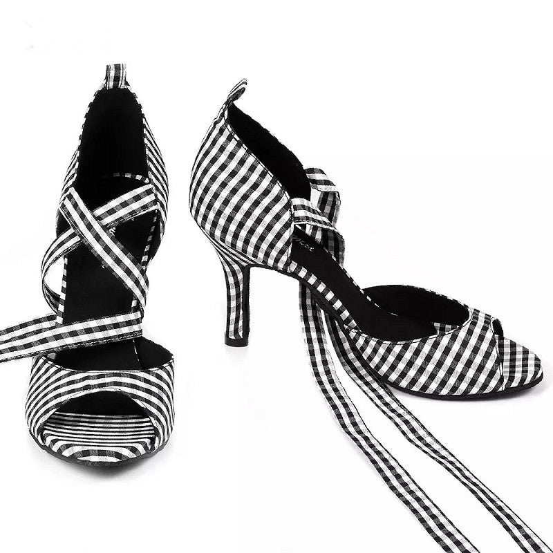 Ballroom Tango Salsa Latin Dance Sandals Modern Plaid Patterns Lace-up Dance Shoes Heel Heigh