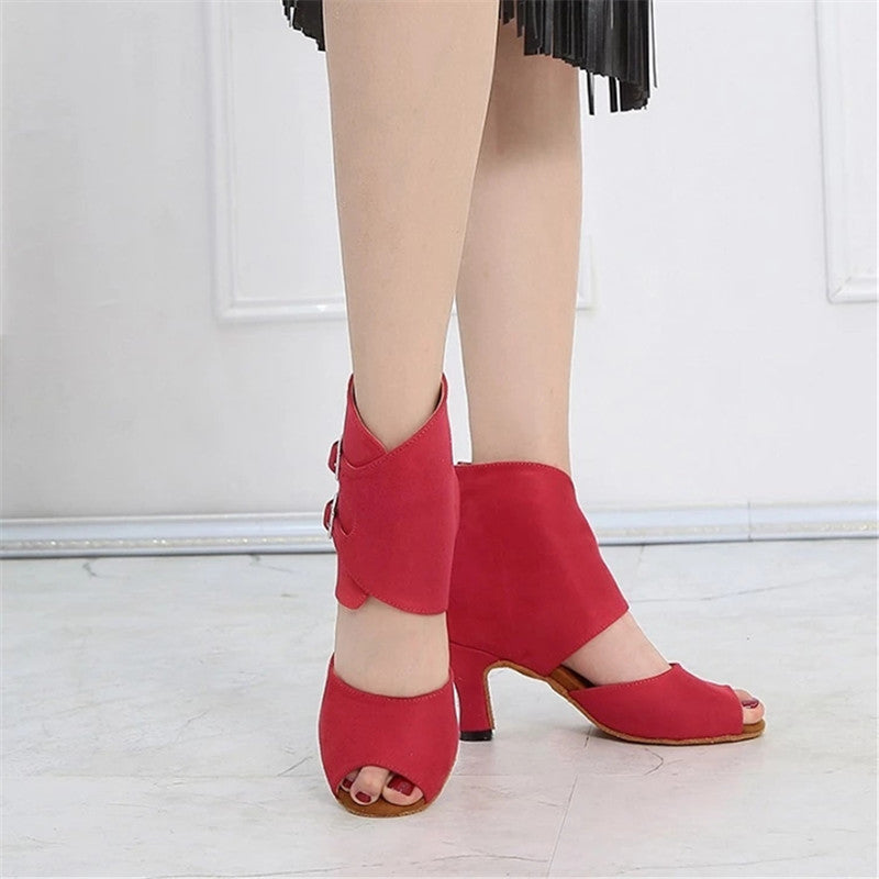 Women Ballroom Latin Dance Boots Ladies Salsa Professional Dancing Shoes Red Suede Dance Sandals