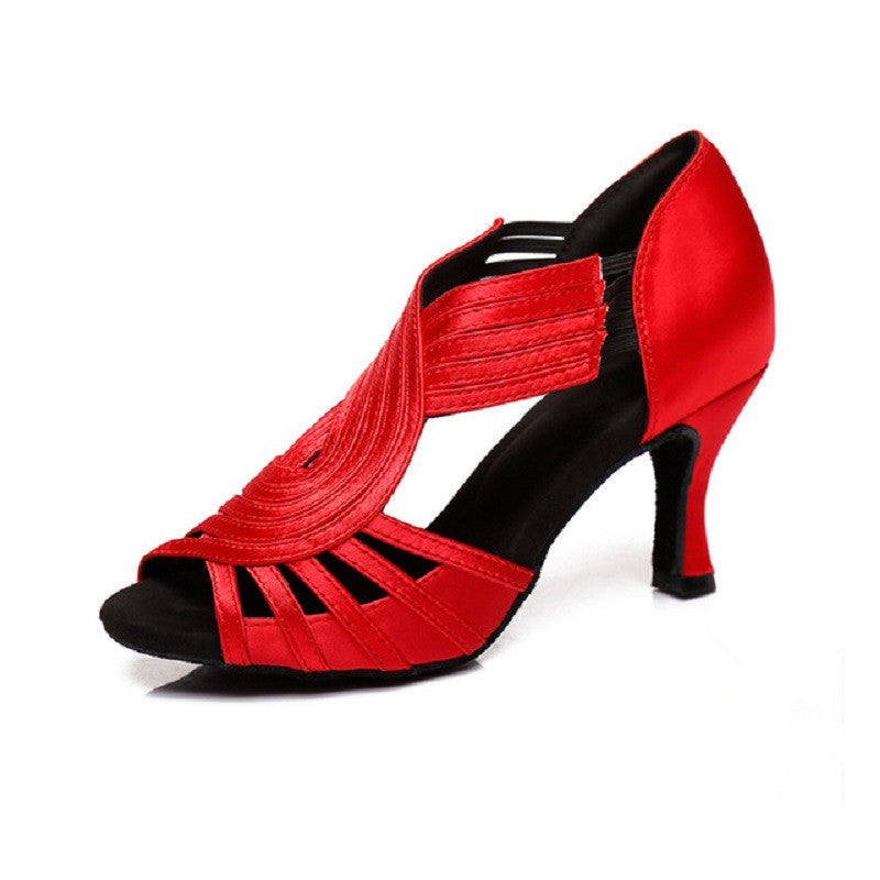 Red Black Latin Ballroom Dance Shoes Satin Slip On Girls Ladies Women Salsa Dance Shoes Sandals