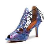 Lace Up Women Dance Boots Blue High Heels Soft Sole Ballroom Latin Dance Shoes