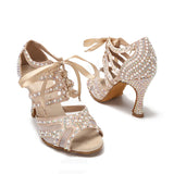 Rhinestone Pearl Dance Shoes Tango Rumba Samba Latin Ballroom Dance Performance Shoes Soft Sole Women Sandals