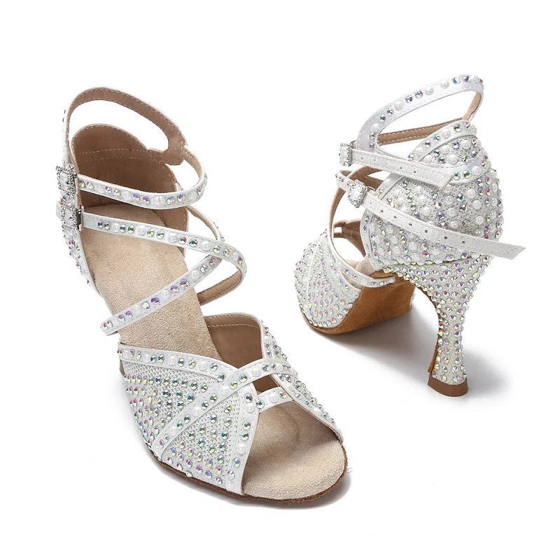 Soft Sole Latin Dance Shoes Tango Salsa Rumba Samba Ladies Pearl Rhinestone High Heels Women Sandals