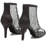 <transcy>Mujer Salón Social Salón de baile Latino Salsa Botas de baile Malla Fiesta Zapatos de baile con Sandalias de tacón en la espalda de satén negro</transcy>
