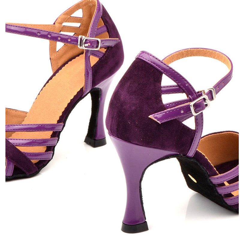 Latin Dance Shoes Women Suede PU Purple Beige Salsa Party Ballroom Dance Shoes Cuban Heel 9cm