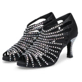 Women's Ballroom Dance Boots Rhinestone Black Satin Latin Tango Salsa Swing Bachata Dancing Shoes Heeled