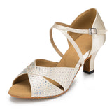 Satin Latin Ballroom Dance Shoes Rhinestone Soft Sole Heel Tango Salsa Dance Shoes For Women Girls
